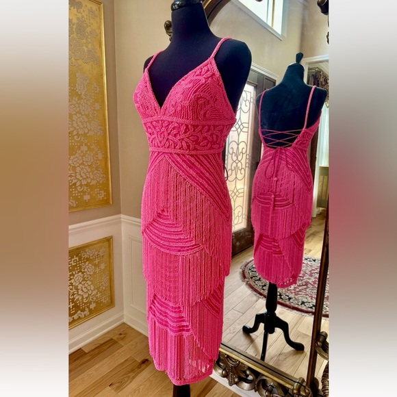 Splendid V-neckline Frilled Bodycon Tea-length Dress by Jovani Hot Pink Size 6 - Picture 4 of 15